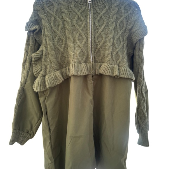 None Jackets & Blazers - Green Cable Knit Cardigan with Zipper Front